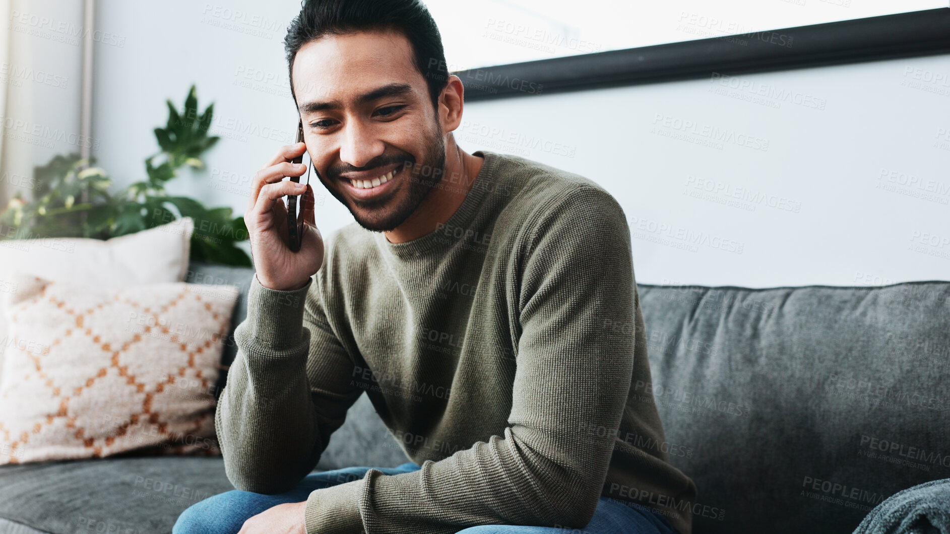 Buy stock photo Happy, man and talk with phone call of remote work, discussion and good news of financial proposal. Male person, mobile and listen for consultant plan, contact feedback and investment report at house