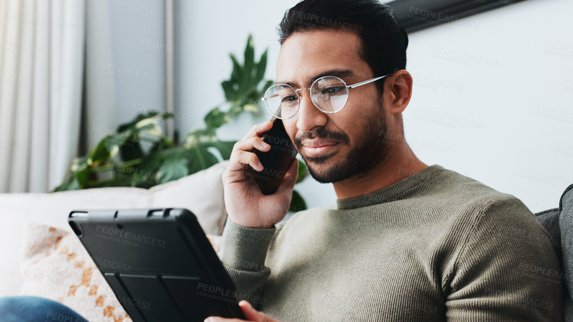 Buy stock photo Man, check and tablet with phone call at house for talk, finance report and proposal feedback. Male person, mobile or digital of online research, contact chat and investment information for b2b offer