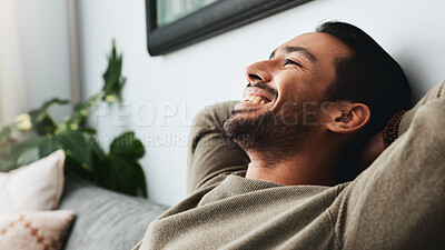 Buy stock photo Relax, stretching and smile with man on sofa for peace, comfortable and resting. Happiness, cozy and satisfied with male person in living room of home for weekend break, wellness and wellbeing