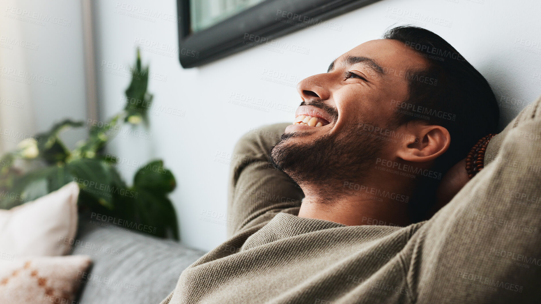 Buy stock photo Relax, stretching and smile with man on sofa for peace, comfortable and resting. Happiness, cozy and satisfied with male person in living room of home for weekend break, wellness and wellbeing
