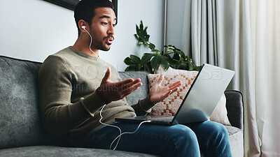 Buy stock photo Talking video call and laptop with man on sofa for freelancer, networking and online meeting. Webinar, communication and remote worker with person in living room of home for virtual chat for contact