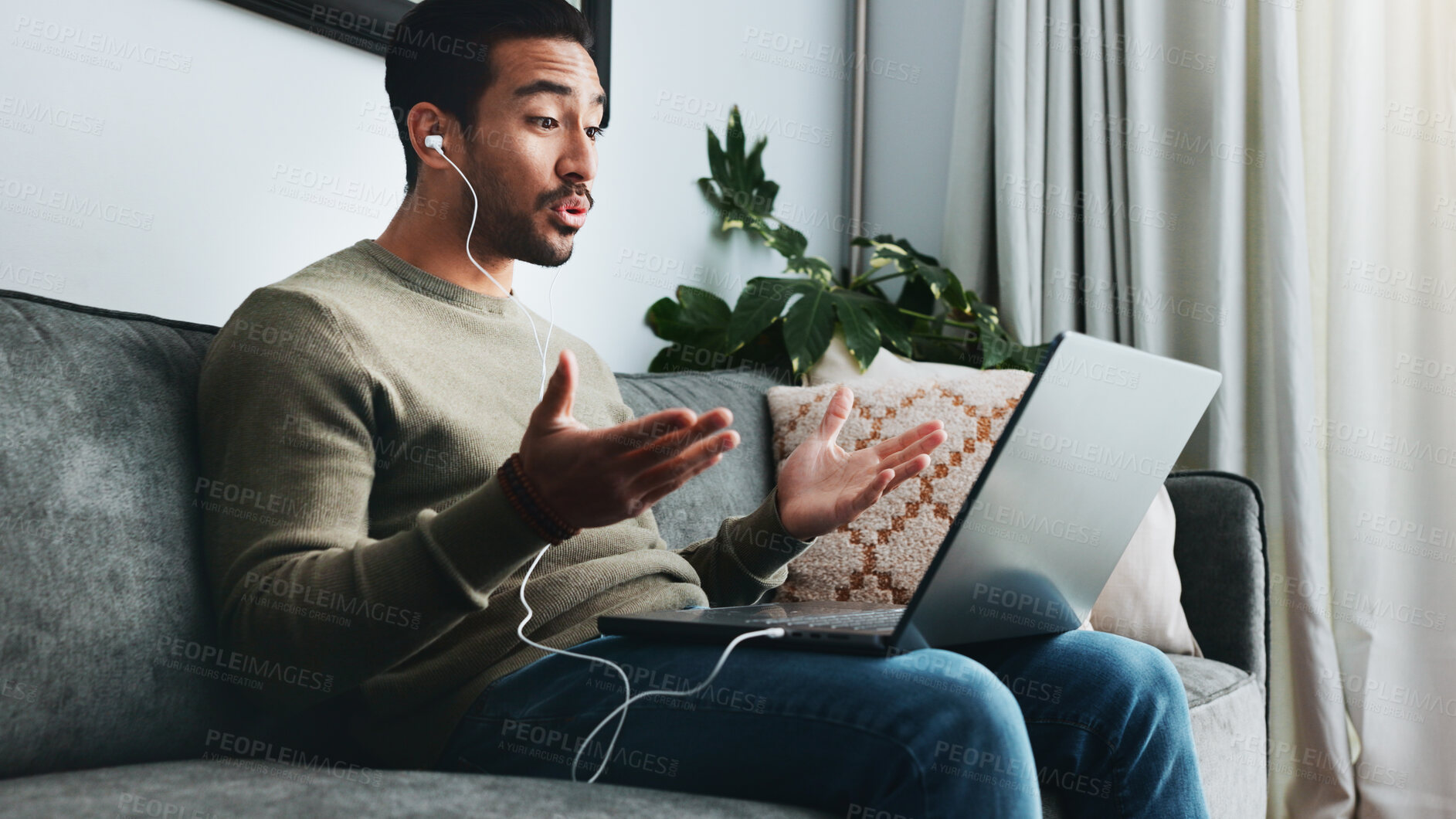 Buy stock photo Talking video call and laptop with man on sofa for freelancer, networking and online meeting. Webinar, communication and remote worker with person in living room of home for virtual chat for contact