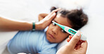 Fever, thermometer and parent with child in bedroom for healthcare, sick and virus check. Illness, temperature and influenza symptoms with girl in family home for disease, infection and bacteria