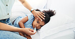 Sick, thermometer and parent with child in bedroom for healthcare, virus and fever check. Illness, temperature and influenza symptoms with girl in family home for disease, infection and bacteria