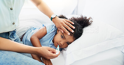 Buy stock photo Sick, thermometer and parent with child in bedroom for healthcare, virus and fever check. Illness, temperature and influenza symptoms with girl in family home for disease, infection and bacteria