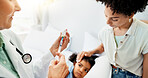 Doctor, vaccine and mother with child in bedroom for healthcare, sick and virus check. Illness, medicine and influenza injection with girl in family home for disease, infection and pediatrician