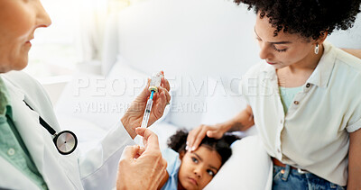 Buy stock photo Doctor, vaccine and mother with child in hospital for healthcare, sick and virus check. Illness, medicine and influenza injection with girl and family in clinic for disease, infection or pediatrician
