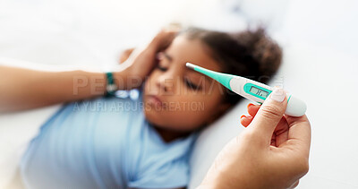Buy stock photo Care, thermometer and hand of parent with child in bedroom for healthcare, sick and virus check. Illness, temperature and influenza symptoms with girl in family home for disease, infection and fever