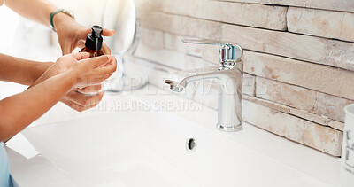 Buy stock photo Washing hands, child and parent with soap, faucet and helping with hygiene, bottle and bacteria in home. People, kid and cleaning with liquid, support or routine for health in morning at family house