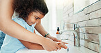 Washing hands, girl and mother with water, faucet and helping with hygiene, soap and bacteria by basin. People, kid and cleaning with liquid, care and routine for wellness in morning at family house