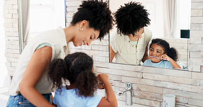 Buy stock photo Girl, mom and child brushing teeth for hygiene, morning routine or teaching healthy oral habits in home. Happy parent, kid and learning dental cleaning in bathroom with toothbrush, mother or care