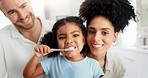 Portrait, parents or child brushing teeth for hygiene, morning routine or teaching healthy oral habits in home. Happy family, kid or learning dental cleaning in bathroom with toothbrush, love or care