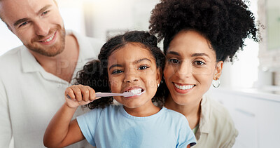 Buy stock photo Portrait, parents or child brushing teeth for hygiene, morning routine or teaching healthy oral habits in home. Happy family, kid or learning dental cleaning in bathroom with toothbrush, love or care