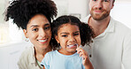 Portrait, parents or child brushing teeth for learning, morning routine or teaching healthy oral habits in home. Happy family, kid or toothbrush dental cleaning in bathroom with lesson, love or care