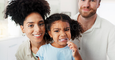 Buy stock photo Portrait, parents or child brushing teeth for learning, morning routine or teaching healthy oral habits in home. Happy family, kid or toothbrush dental cleaning in bathroom with lesson, love or care