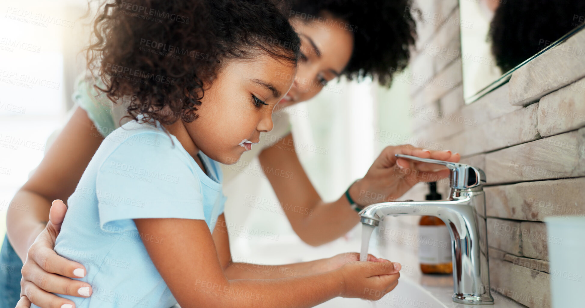Buy stock photo Girl, mom and child washing hands for hygiene, morning routine or teaching healthy oral habits in home. Parent, basin or kid learning dental cleaning in bathroom with toothpaste, mother and mouth