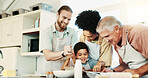 Grandpa, baking and family with ingredients, home and teaching recipe to child in kitchen or bonding. Happy, kid and preparing cake with parents, people and elderly man with info for dessert in house
