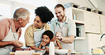 Grandpa, baking and family with recipe, home or teaching child with ingredients in kitchen or smile. Happy, elderly man and parents with boy in house, bonding and mixing for dessert, talking or snack