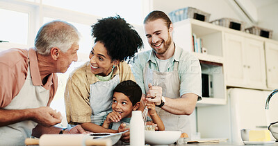 Buy stock photo Grandpa, baking and family with recipe, home or teaching child with ingredients in kitchen or smile. Happy, elderly man and parents with boy in house, bonding and mixing for dessert, talking or snack