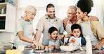 Bonding, grandparents and children with recipe, baking and teaching with ingredients for dessert or snack. Happy, people and family with kids in kitchen, meal prep and smile for cake in apartment