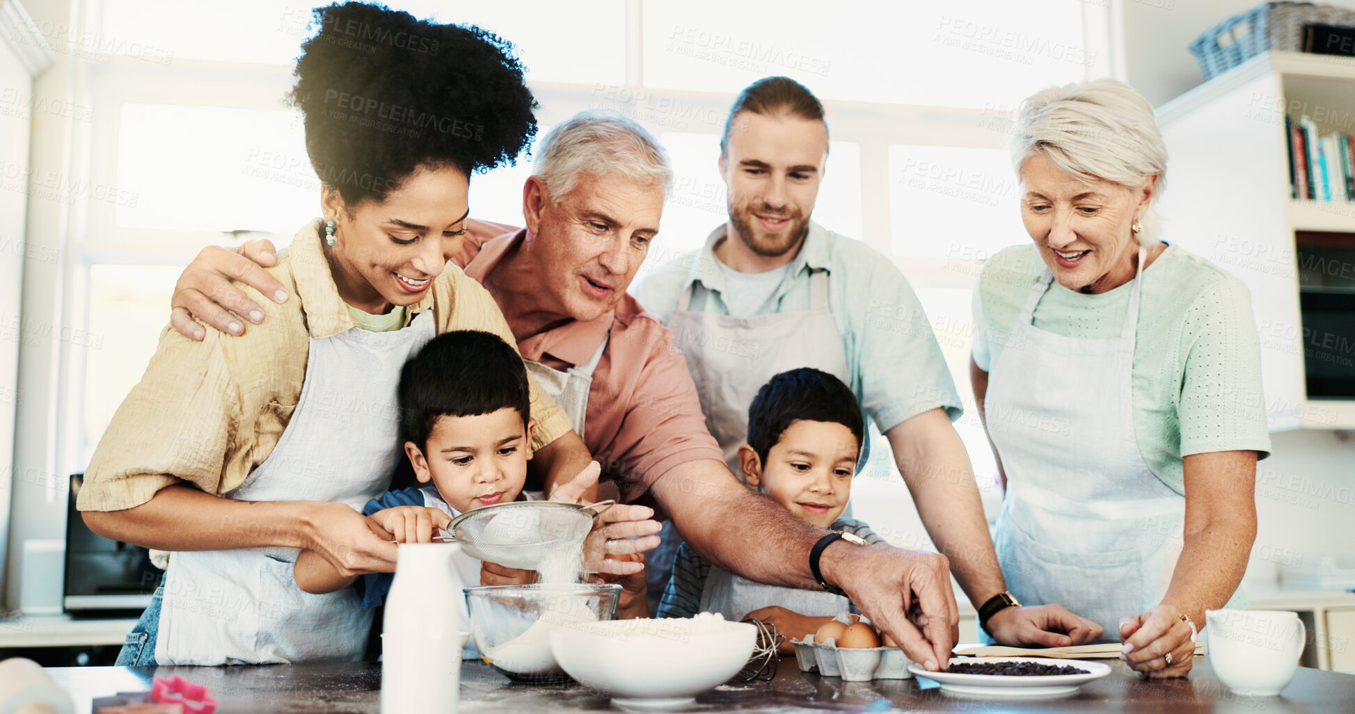 Buy stock photo Happy, grandparents and children with recipe, baking and teaching with ingredients for dessert or snack. Bonding, people and family with kids in kitchen, meal prep and smile for cake in apartment