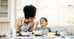 Mixing, mom and son in kitchen, baking and teaching child with ingredients, dessert or conversation. Bonding, kid and woman with recipe for cake, talking and preparation for snack in morning or house