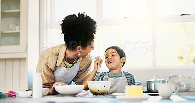 Buy stock photo Mixing, mom and son in kitchen, baking and teaching child with ingredients, dessert or conversation. Bonding, kid and woman with recipe for cake, talking and preparation for snack in morning or house