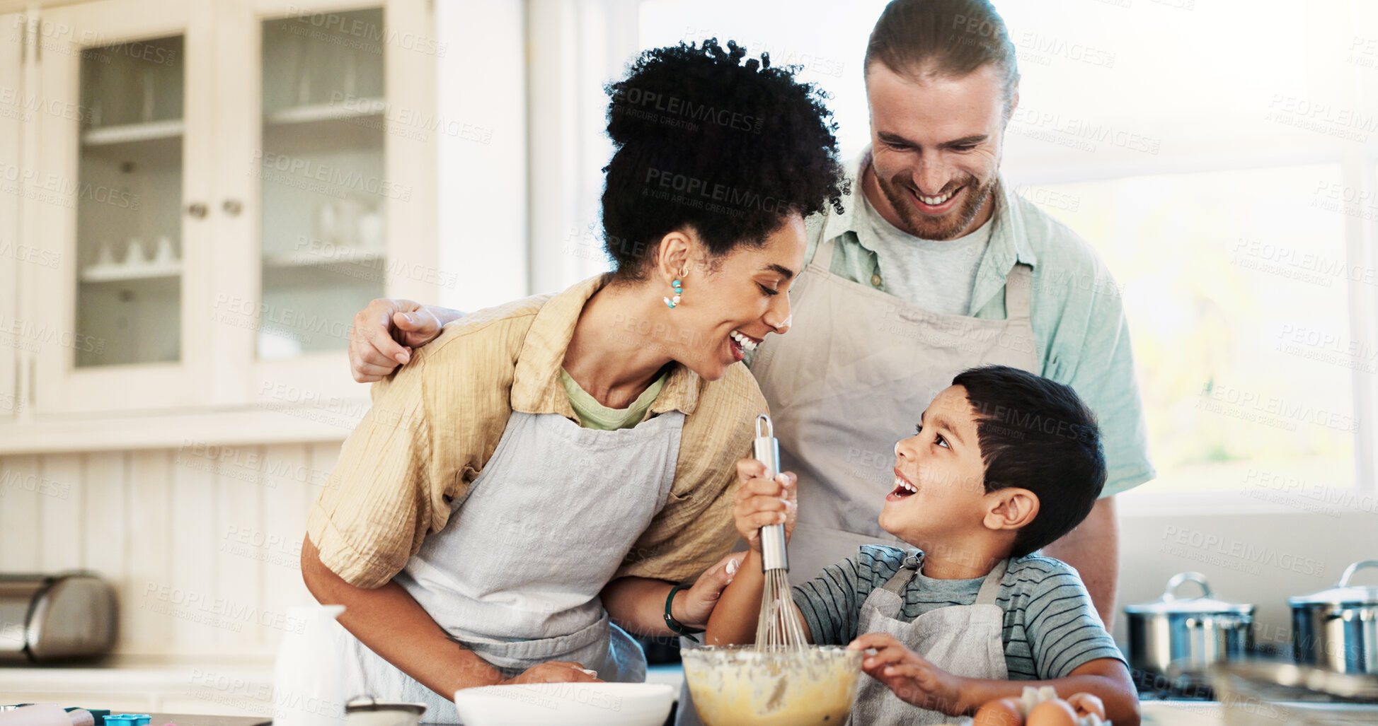 Buy stock photo Baking, mom and dad with son, smile and mixing ingredients for cake, laughing and bonding in kitchen. Home, parents and people with child in morning, happy and preparation of dessert in apartment