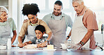 Home, big family and baking in kitchen, boy and ingredients with recipe, bonding together and help. Grandparents, mother or father with son, child development or teaching with preparation or learning