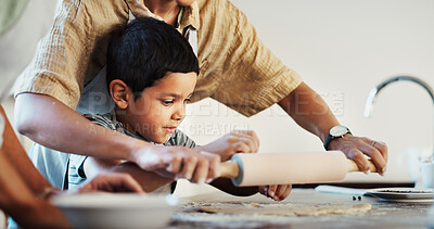 Buy stock photo Roller, kitchen and child with parents, baking and helping son with ingredients, bonding and together. Hands, growth and development of fine motor skills for kid, people and cake for boy in home