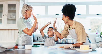 Buy stock photo High five, family and mom with child, kitchen and celebration for preparation of cake, people and home. Baking, grandma and mother with kid in house, women and happy for success of dessert or bonding