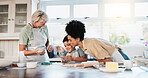 Baking, grandma and mom with child, dessert and bonding in kitchen with ingredients, smile or love. Family, growth and development of kid in house, learning and women with care for boy, happy or cake