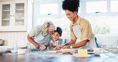 Buy stock photo Baking, grandma and child in kitchen, kiss and bonding in home with ingredients, smile and love. Family, growth and development of kid in house, learning and women with care for boy, happy or cake