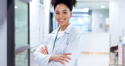 Buy stock photo Arms crossed, doctor and portrait of woman in hospital for healthcare or medical appointment. Checkup, smile and trust with happy medicine professional in clinic for consulting, diagnosis or medicare