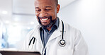 Happy, black man and doctor on tablet for test results, medical update or appointment booking. Smile, mature or research  with technology for online report, schedule or health app at hospital clinic