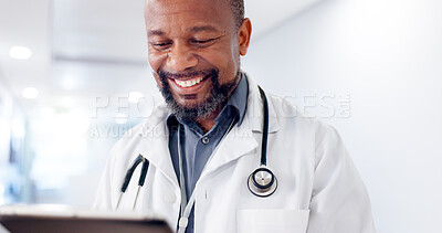 Buy stock photo Happy, black man and doctor on tablet for test results, medical update or appointment booking. Smile, mature or research  with technology for online report, schedule or health app at hospital clinic