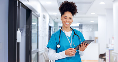 Buy stock photo Portrait, happy woman and surgeon on tablet for test results, medical update or appointment booking. Smile, research or doctor with technology for online report, schedule or health app at hospital