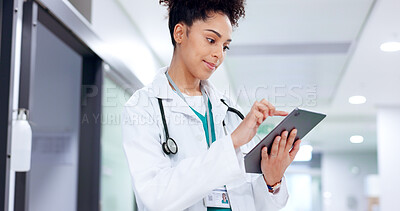 Buy stock photo Woman, doctor and tablet for test results, medical update or appointment booking. Smile, telehealth research or surgeon with touchscreen for online report, schedule or health app at hospital clinic