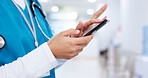 Phone, hands and nurse in hospital with telehealth for patient with feedback on diagnosis. Cellphone, typing and healthcare worker with mobile app for online consultation with medical plan in clinic.