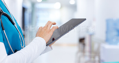 Buy stock photo Person, hands and surgeon on tablet for test results, medical update or appointment booking. Closeup, research or doctor with touchscreen for online report, schedule or health app at hospital clinic