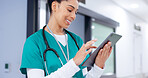 Happy, woman and surgeon on tablet for test results, medical update or appointment booking. Smile, research or doctor with touchscreen for online report, schedule or health app at hospital clinic 
