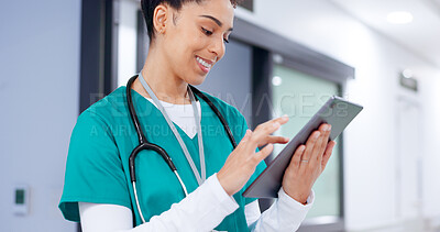 Buy stock photo Happy, woman and surgeon on tablet for test results, medical update or appointment booking. Smile, research or doctor with touchscreen for online report, schedule or health app at hospital clinic 
