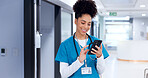 Phone, happy and nurse in hospital with telehealth for patient with feedback on diagnosis. Cellphone, woman and healthcare worker with mobile app for online consultation with medical plan in clinic.