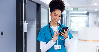 Buy stock photo Phone, happy and nurse in hospital with telehealth for patient with feedback on diagnosis. Cellphone, woman and healthcare worker with mobile app for online consultation with medical plan in clinic.
