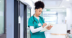 Nurse, woman and writing in folder at hospital for patient history, health insurance or healthcare checklist. Doctor, medicine or person with medical paperwork in clinic for compliance report or file