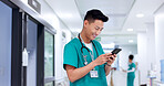 Phone, man and nurse in hospital with telehealth for patient with feedback on diagnosis. Cellphone, happy and healthcare worker with mobile app for online consultation with medical plan in clinic.