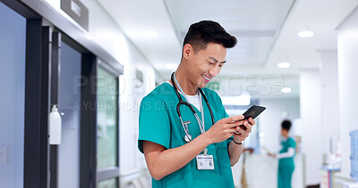 Buy stock photo Phone, man and nurse in hospital with telehealth for patient with feedback on diagnosis. Cellphone, happy and healthcare worker with mobile app for online consultation with medical plan in clinic.