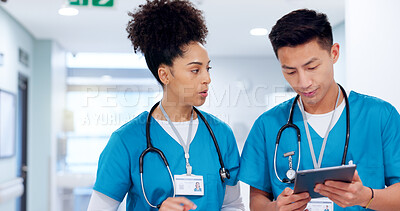 Buy stock photo Teamwork, people and surgeon on tablet for test results, medical update and appointment booking. Clinic, research or doctors with touchscreen for online report, schedule or health app at hospital