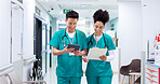 Teamwork, people and surgeon on tablet for medical results, test update and appointment booking. Walking, research or doctors with touchscreen for online report, schedule or health app at hospital