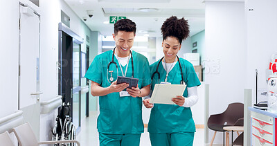 Buy stock photo Teamwork, people and surgeon on tablet for medical results, test update and appointment booking. Walking, research or doctors with touchscreen for online report, schedule or health app at hospital